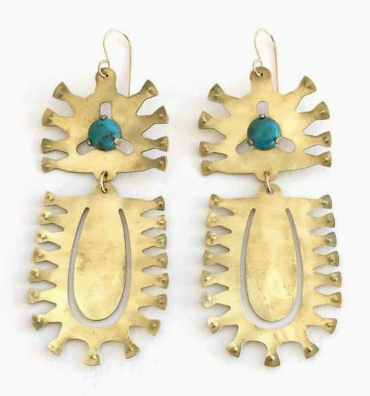 Textured Brass & Prong Set Turquoise Earrings