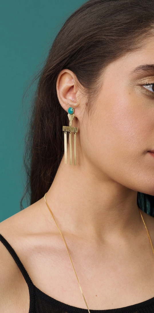 Sun Ray Stamped Brass Ear Jacket with Semi Precious Stone