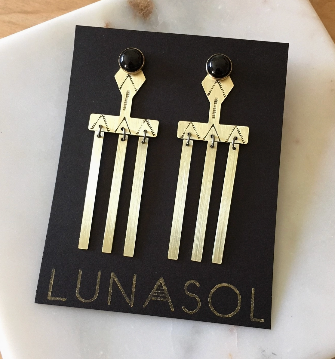 Sun Ray Stamped Brass Ear Jacket with Semi Precious Stone