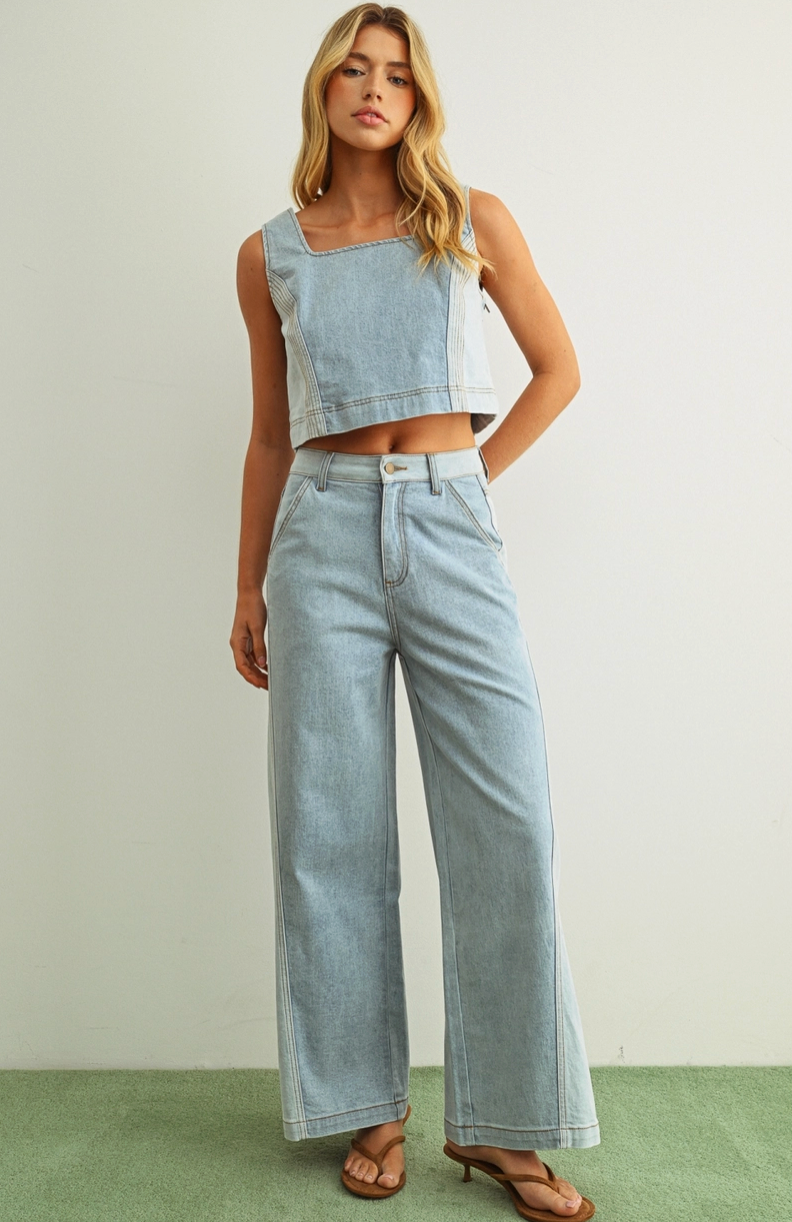Denim Blocked Wide Pants