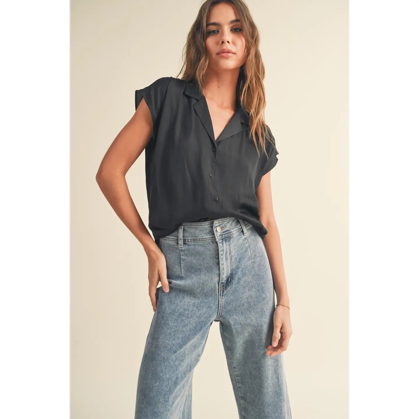 Cap Sleeve Button Down Shirt: Black