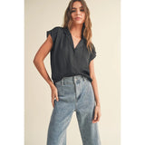 Cap Sleeve Button Down Shirt: Black