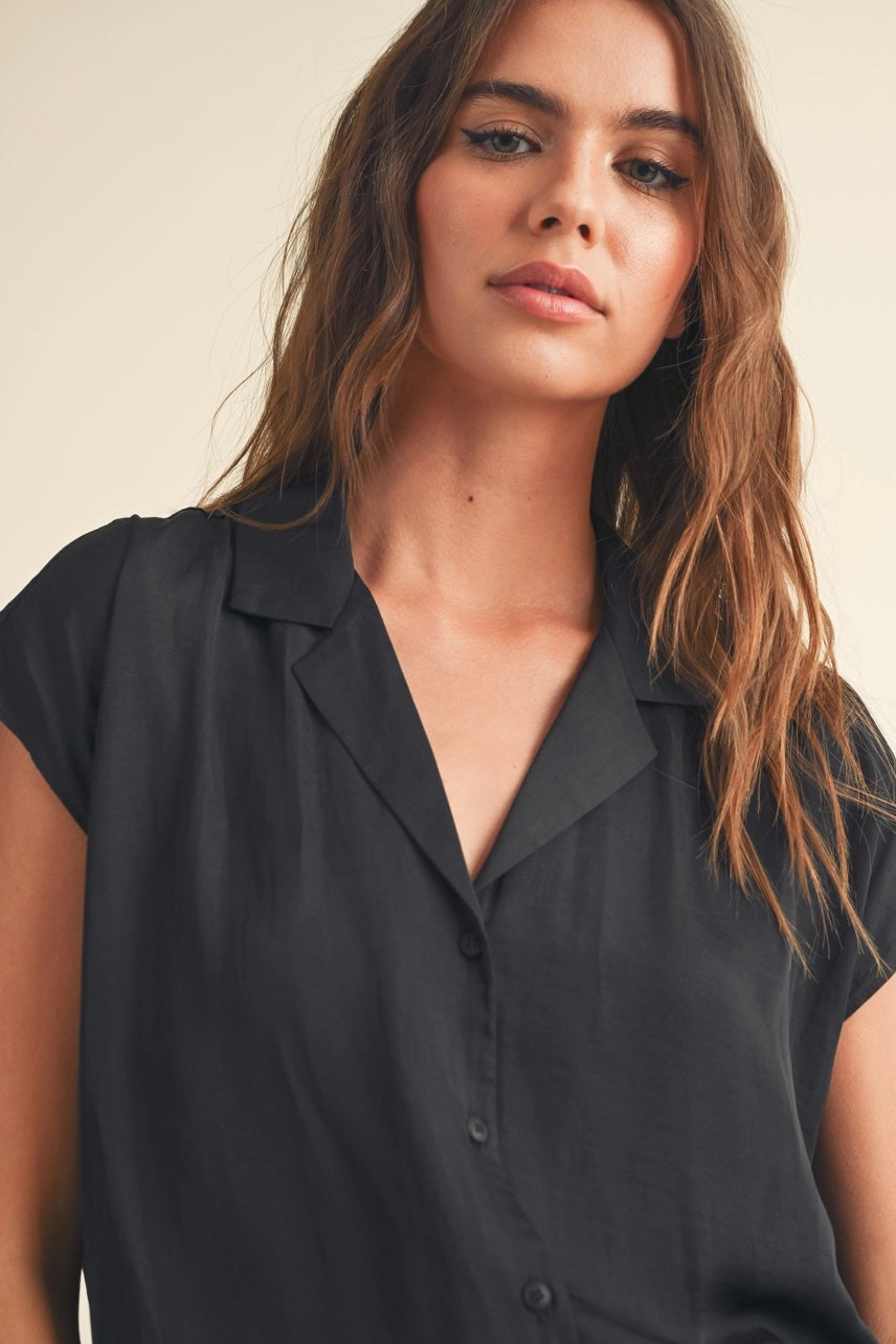 Cap Sleeve Button Down Shirt: Black