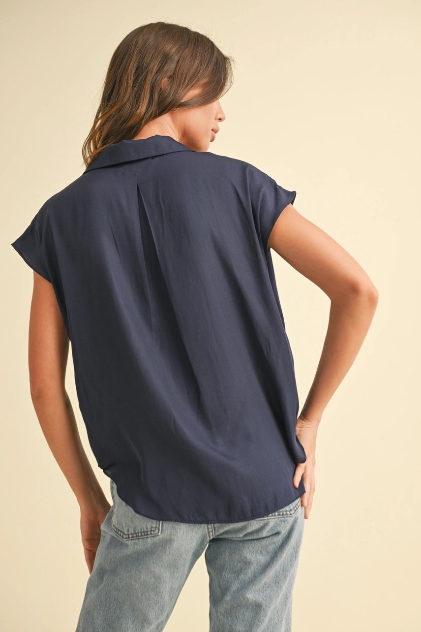 Cap Sleeve Button Down Shirt: Black
