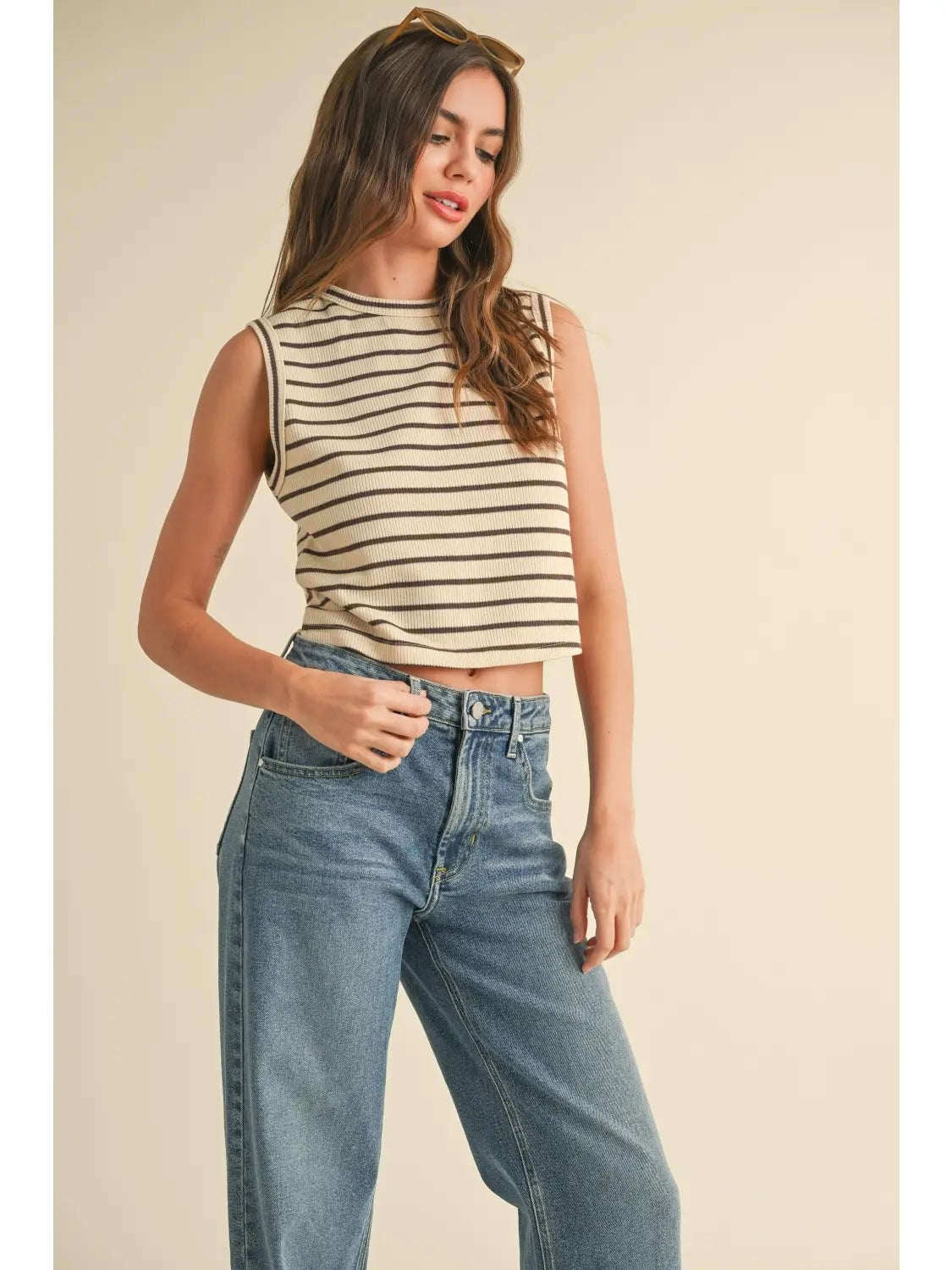 Striped Sleeveless Top-Beige