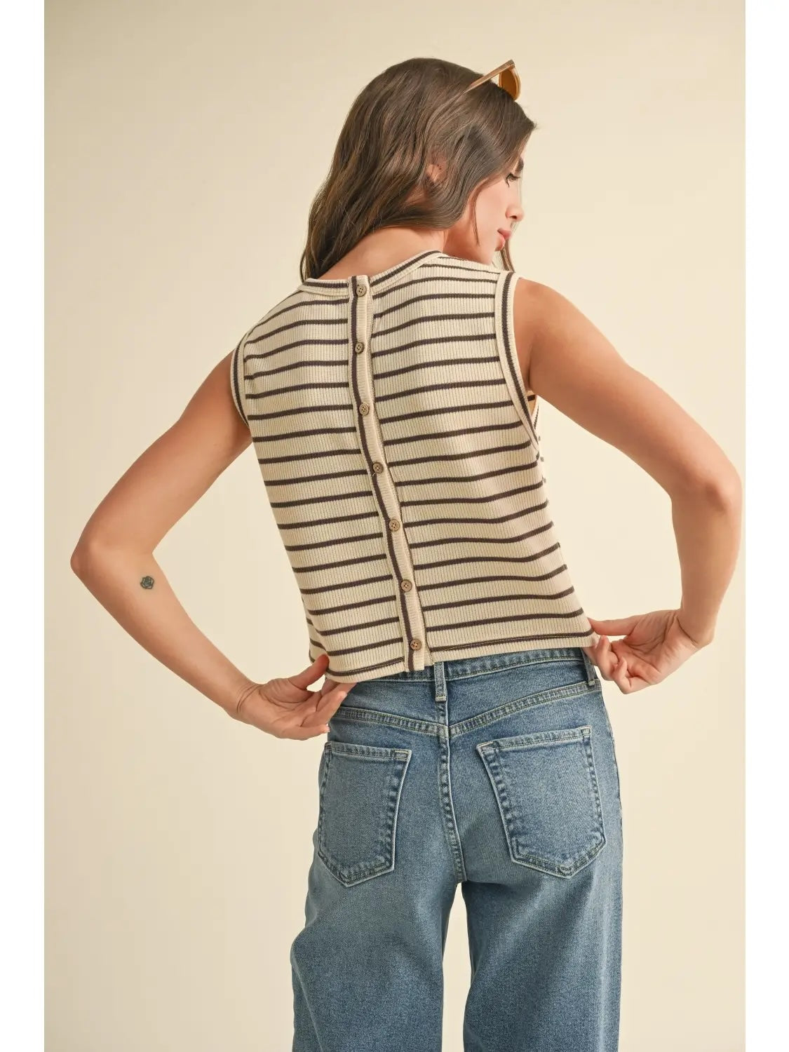 Striped Sleeveless Top-Beige