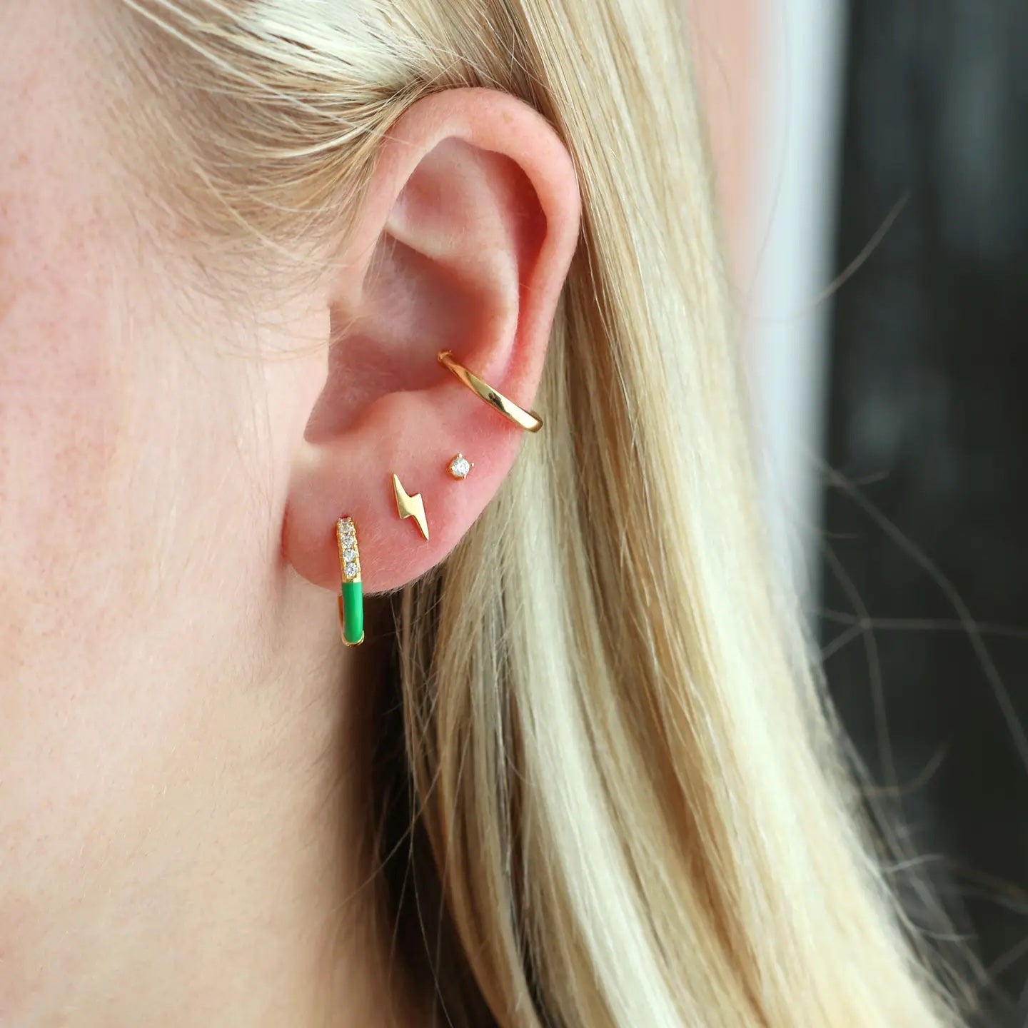 Gold Lightening Bolt Stud Earring