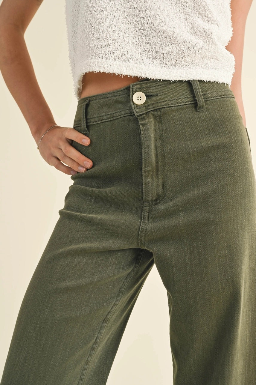 Wide Leg Denim Pant-Olive