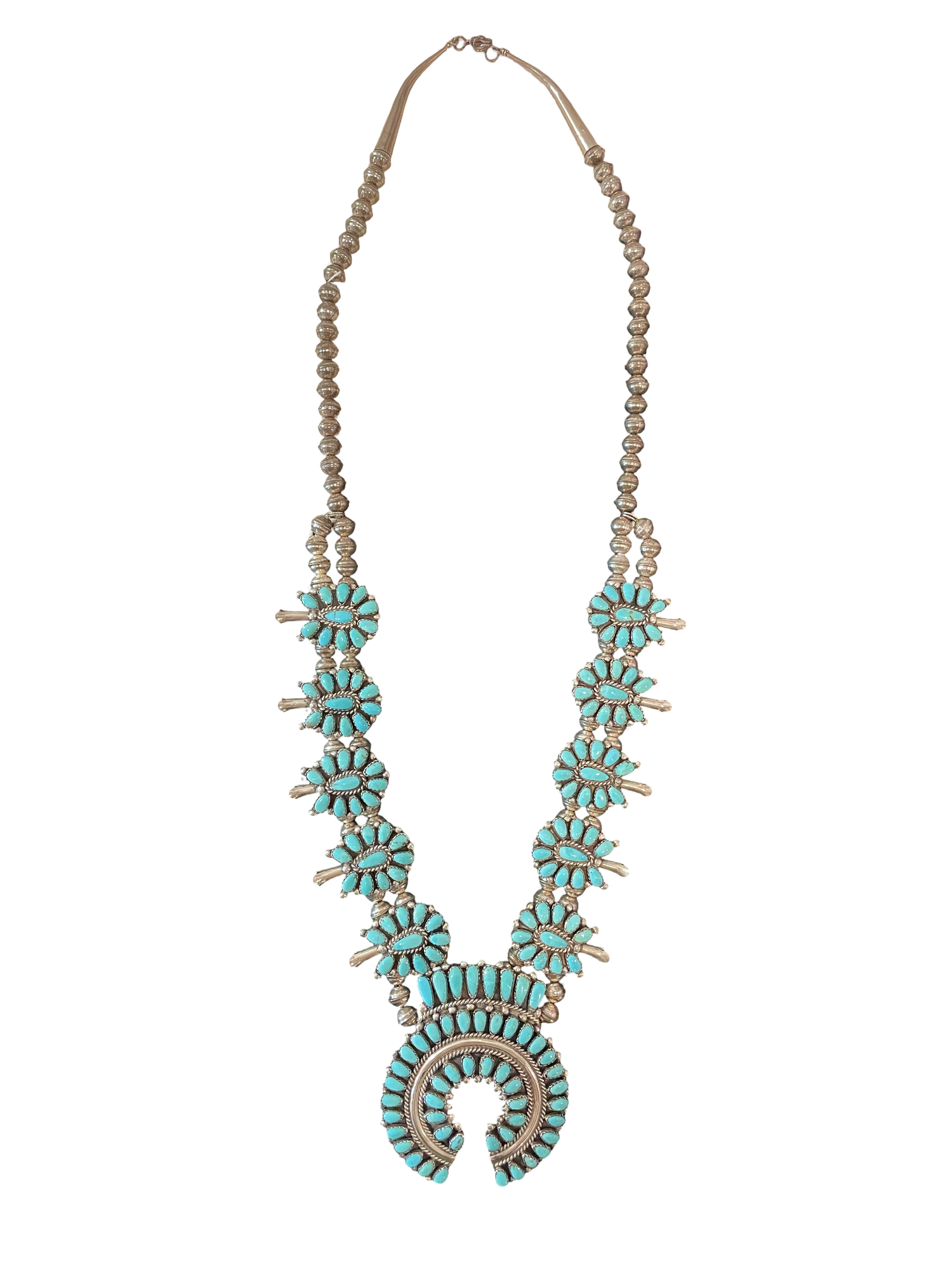 Kingman Turquoise Squash Blossom Necklace