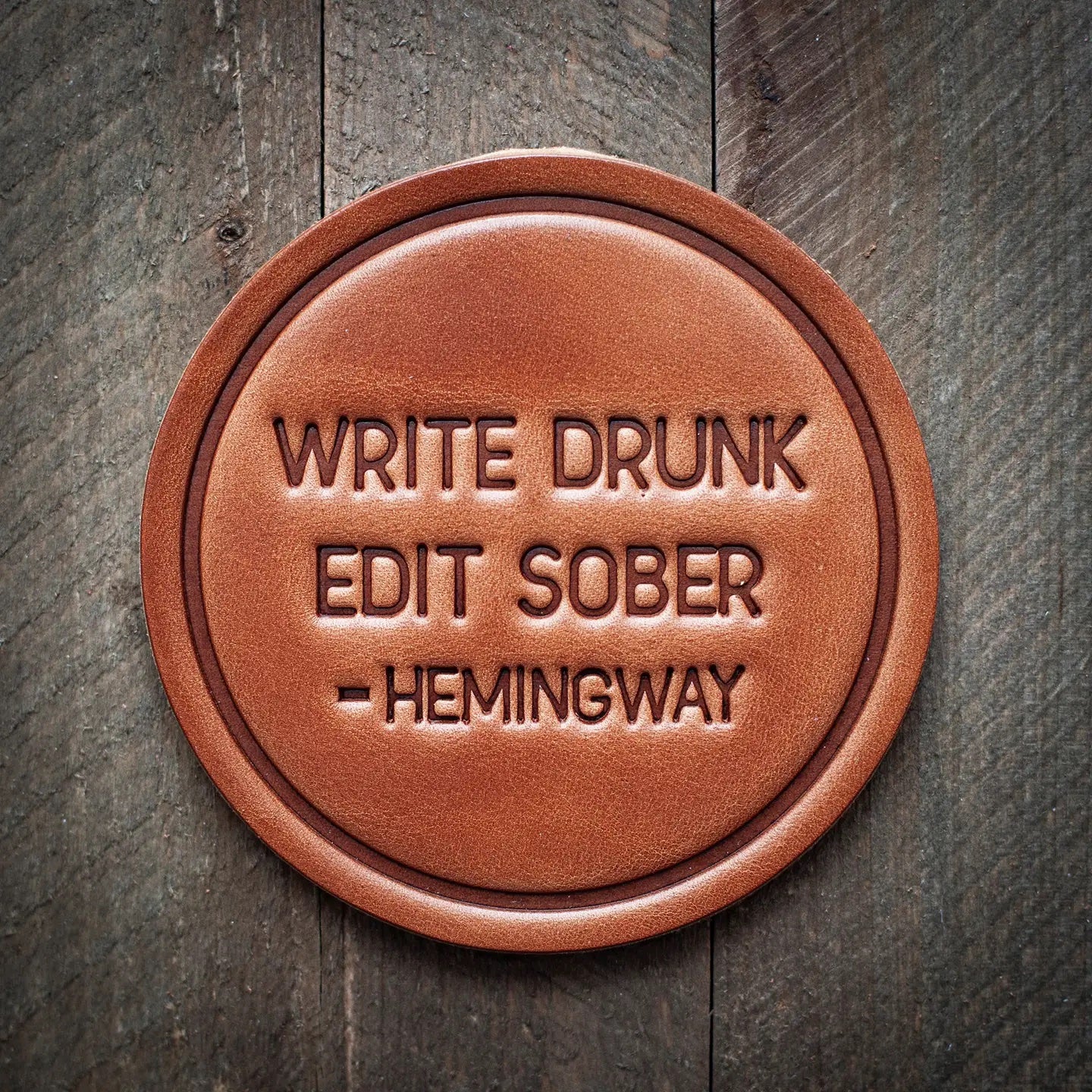 Write Drunk Leather Coaster