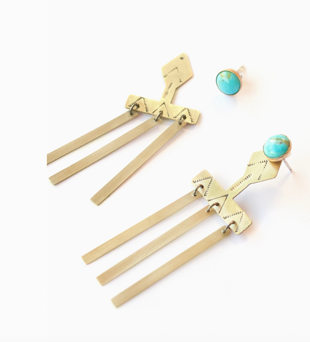 Sun Ray Stamped Brass Ear Jacket with Semi Precious Stone