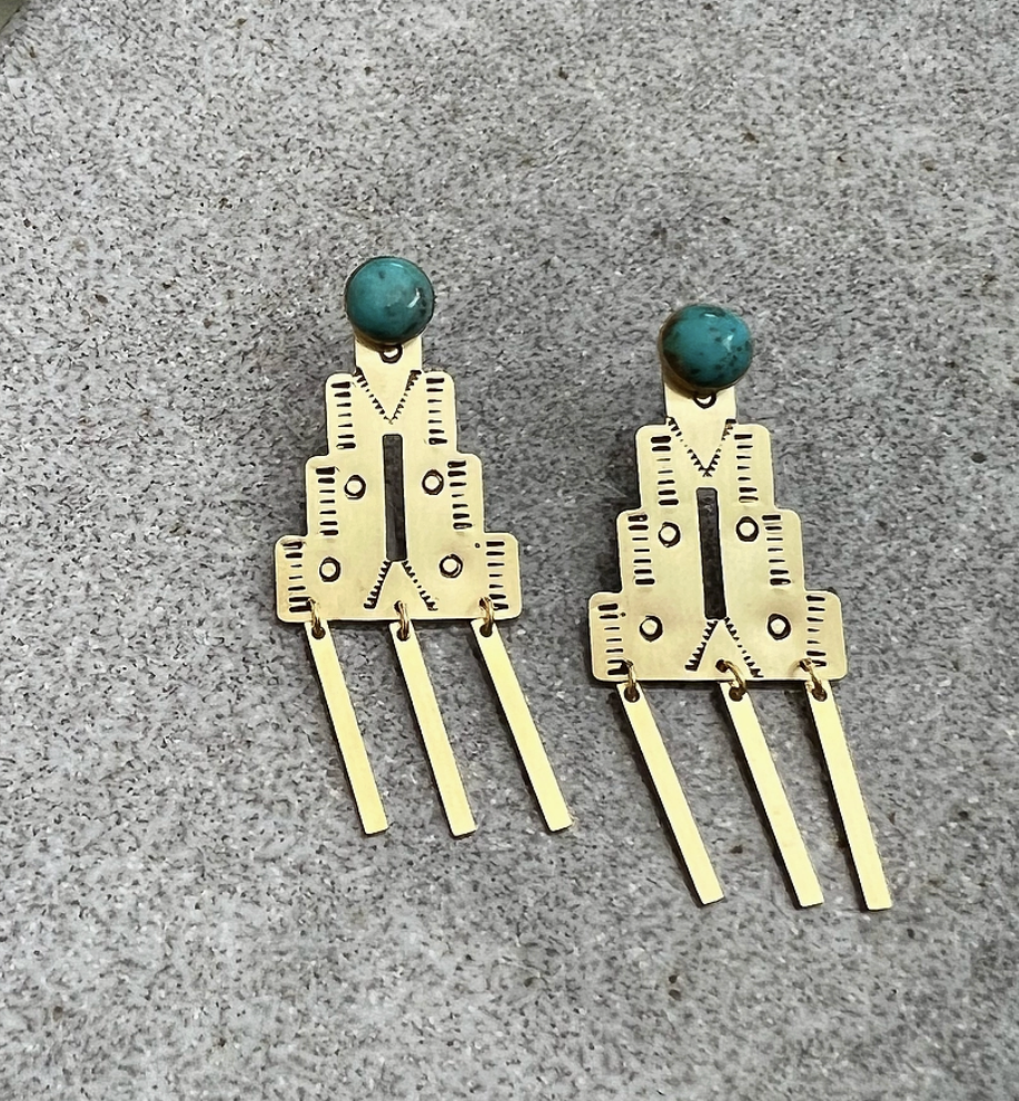 Temple Stamped Brass & Turquoise Stud Earrings