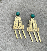 Temple Stamped Brass & Turquoise Stud Earrings