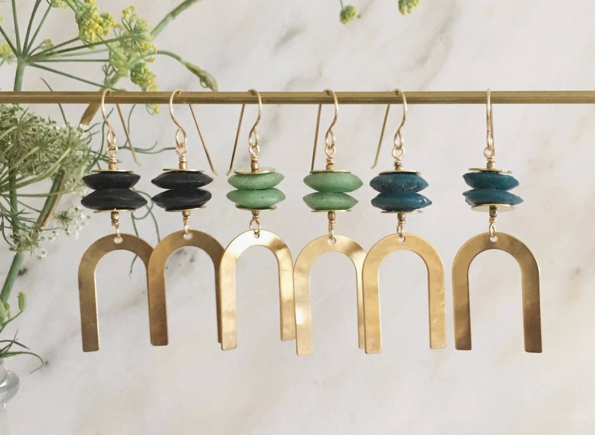 Brass Arch Glass Bead Drop Earrings