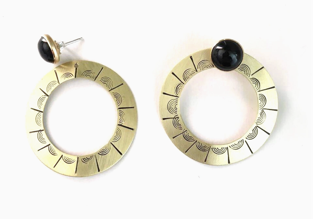 Sunflower Brass & Onyx Circle Earrings