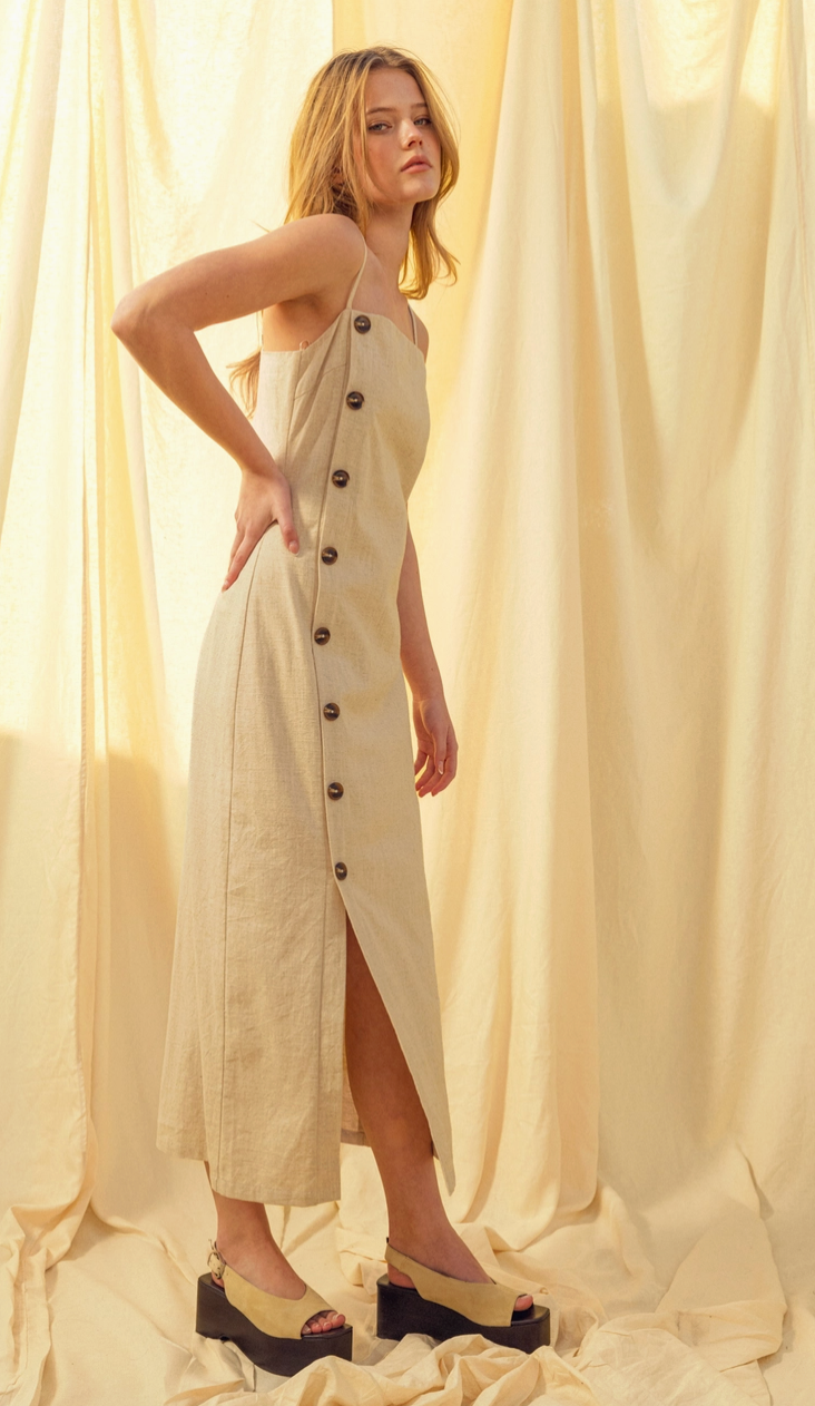 Linen Button Detail Long Dress