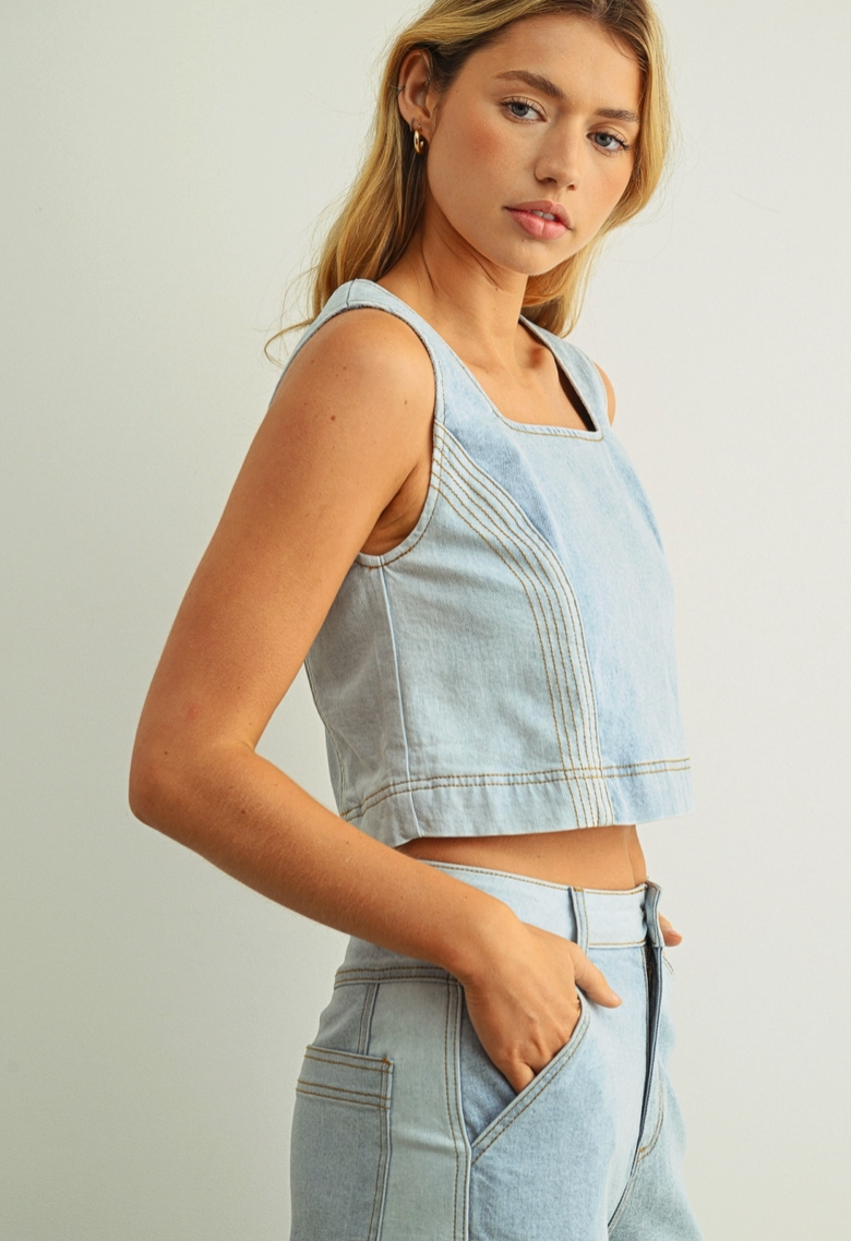 Denim Blocked Sleeveless Top