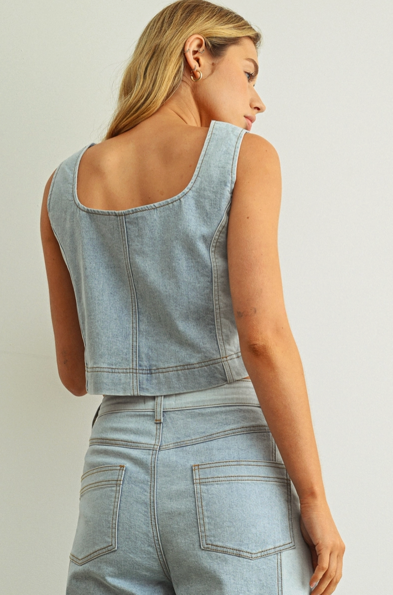 Denim Blocked Sleeveless Top