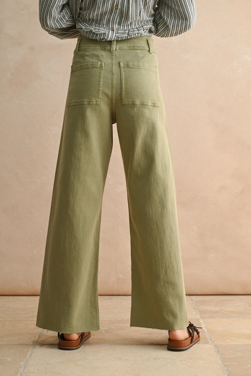 Wide Leg Denim Pants-Dusty Sage
