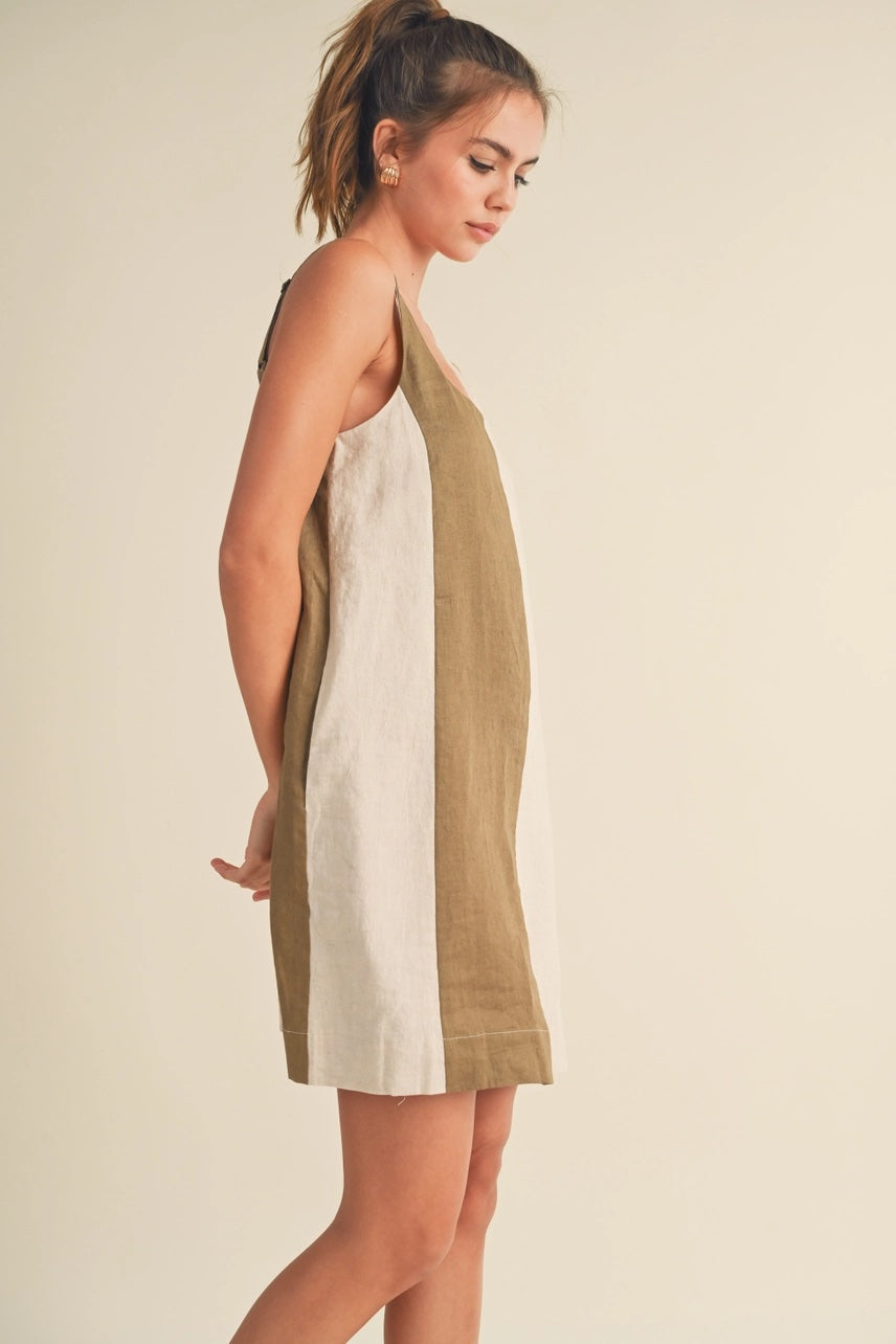 Color Block Linen Mini Dress: Olive/Oatmeal