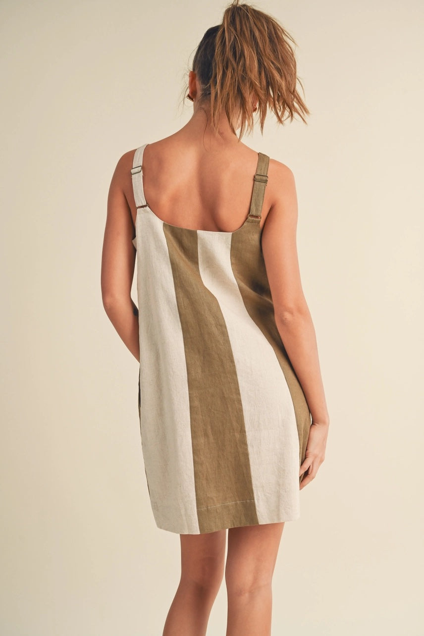Color Block Linen Mini Dress: Olive/Oatmeal
